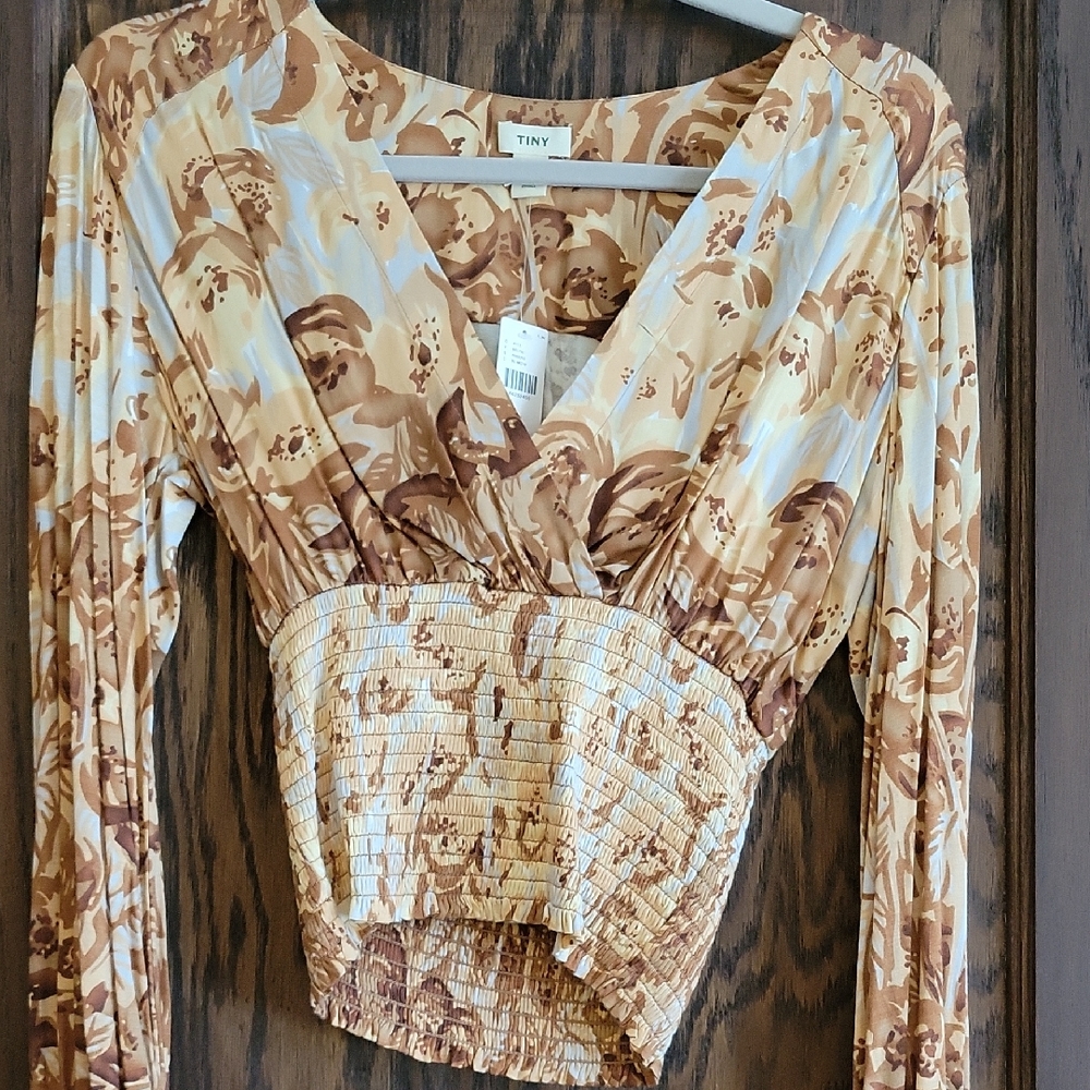 Women's Floral Long Sleeve Top - Brown and Cream
